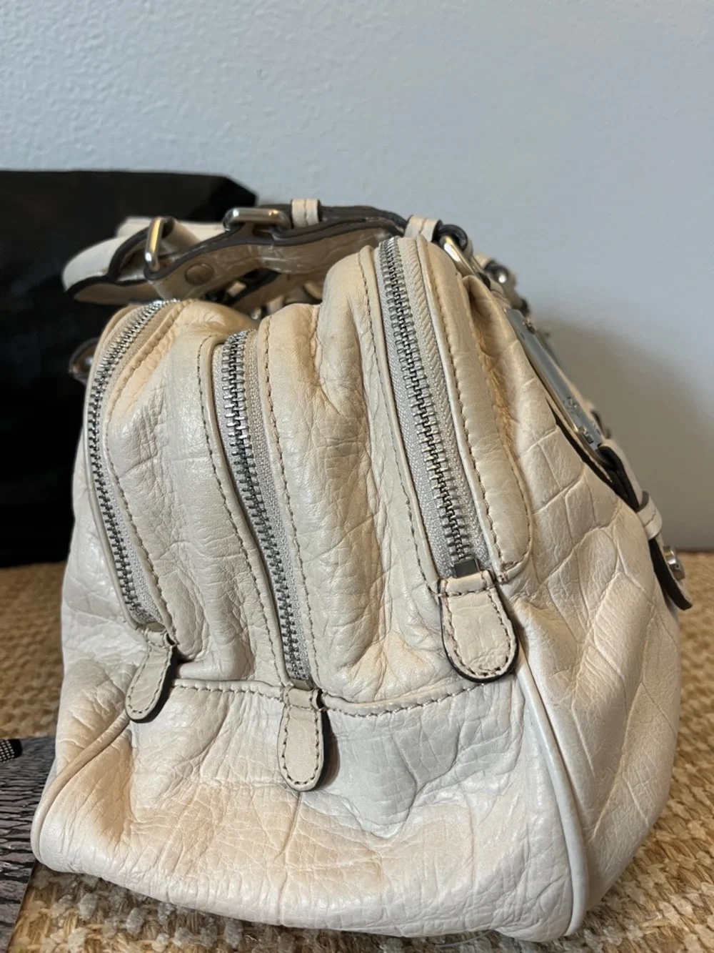 b. makowsky Cream Pebbled Leather Satchel